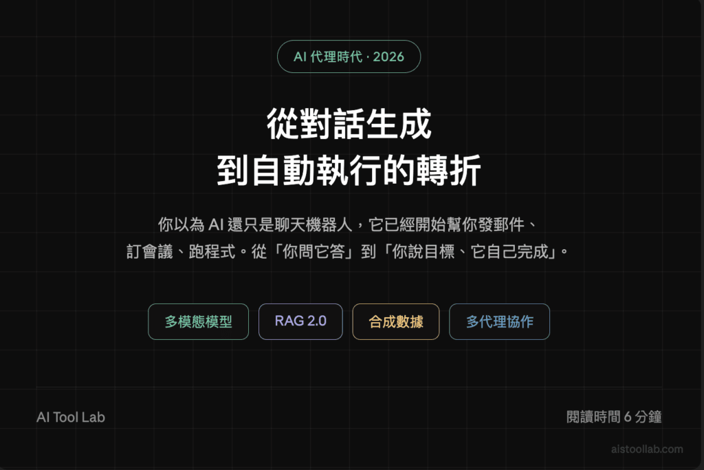 2026年AI工具代理時代全解析：從對話生成到自動執行的歷史性轉折 — 封面設計卡