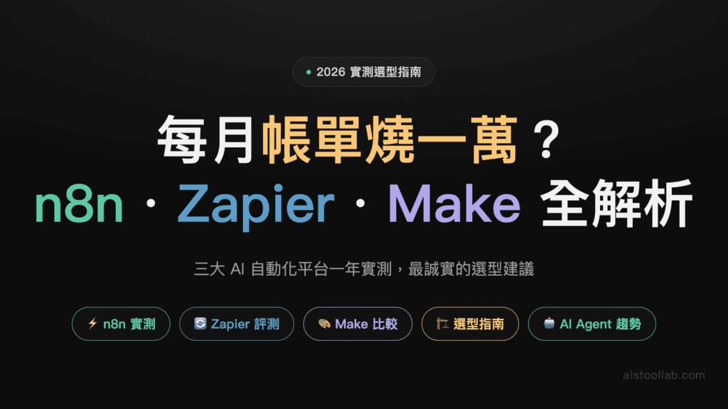 2026年AI自動化工具完整排行榜：n8n、Zapier、Make三大平台實戰對比與選型指南 — 封面設計卡