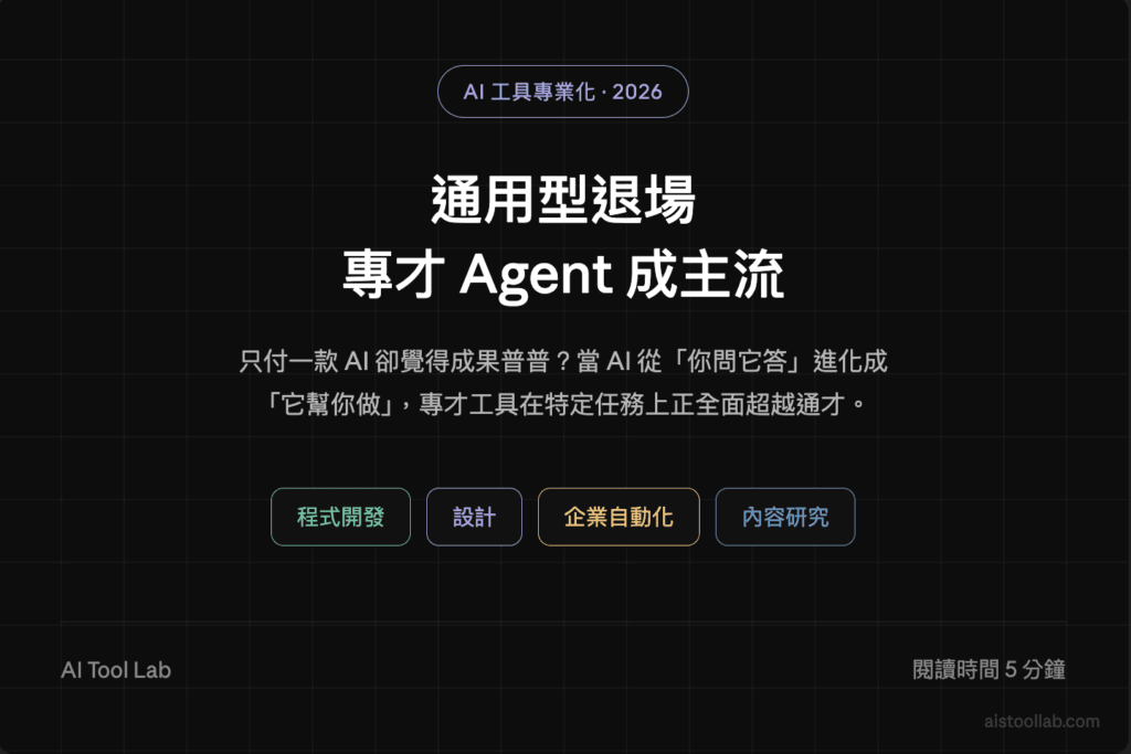 2026年AI工具專業化時代：為什麼通用型工具退場，專業化Agent工具成主流？ — 封面設計卡