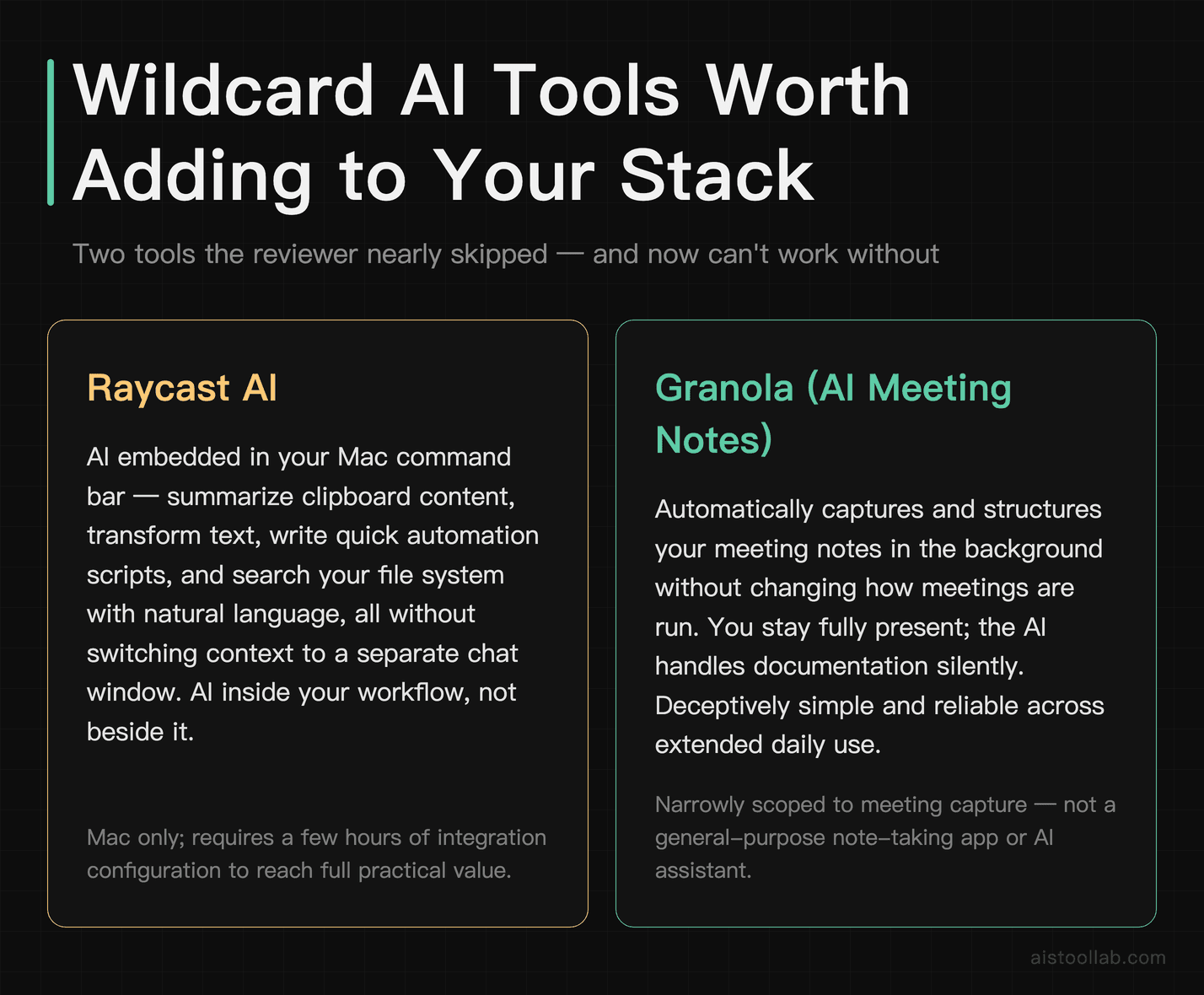 Tools grid covering Raycast AI and Granola AI meeting notes as under-the-radar wildcard tools for 2026