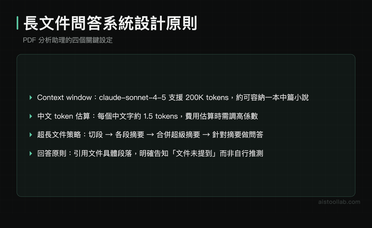 Claude API PDF 長文件問答系統設計原則與 token 策略圖