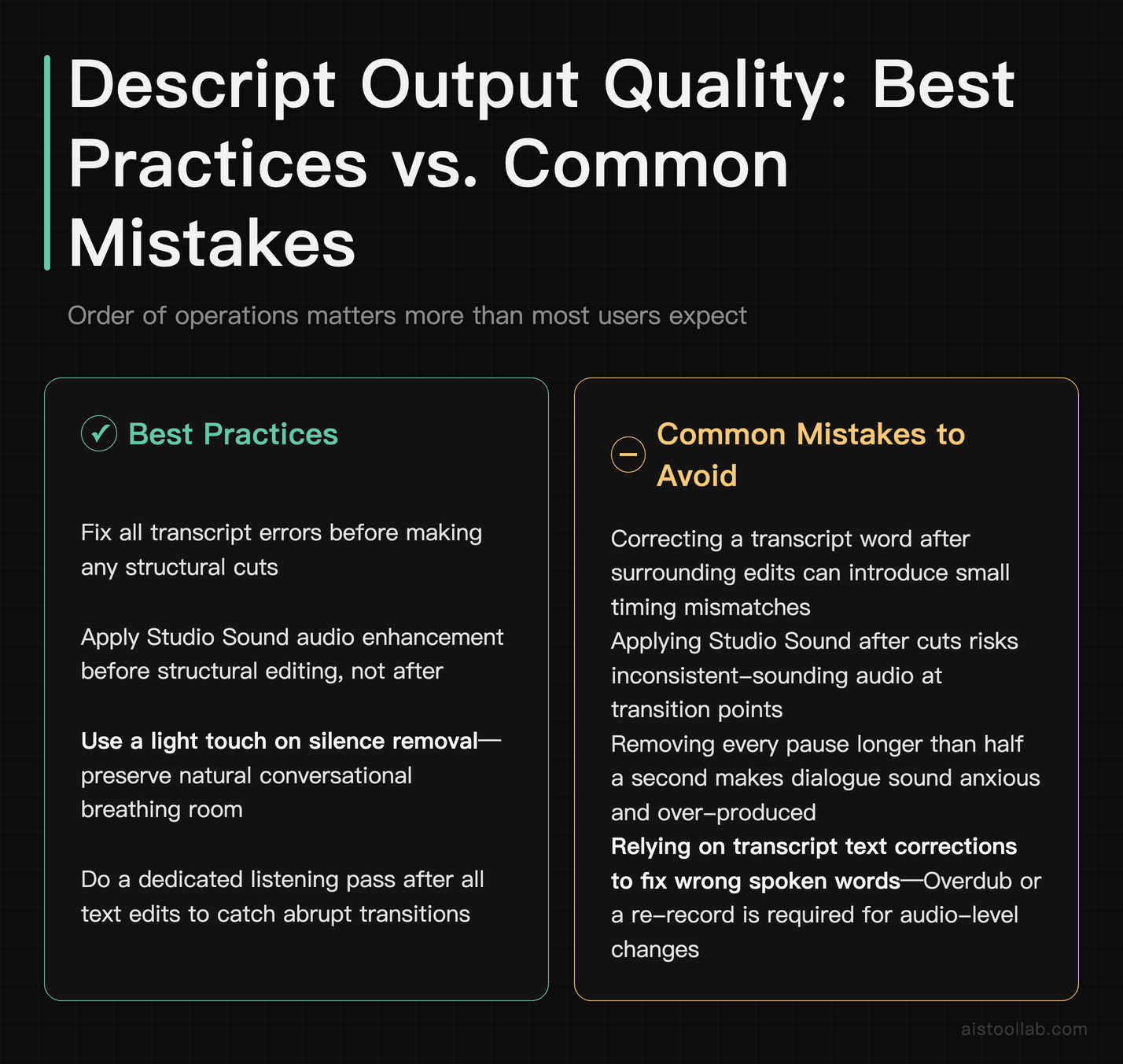 Best practices versus common mistakes for achieving better output quality from Descript transcript-based editing