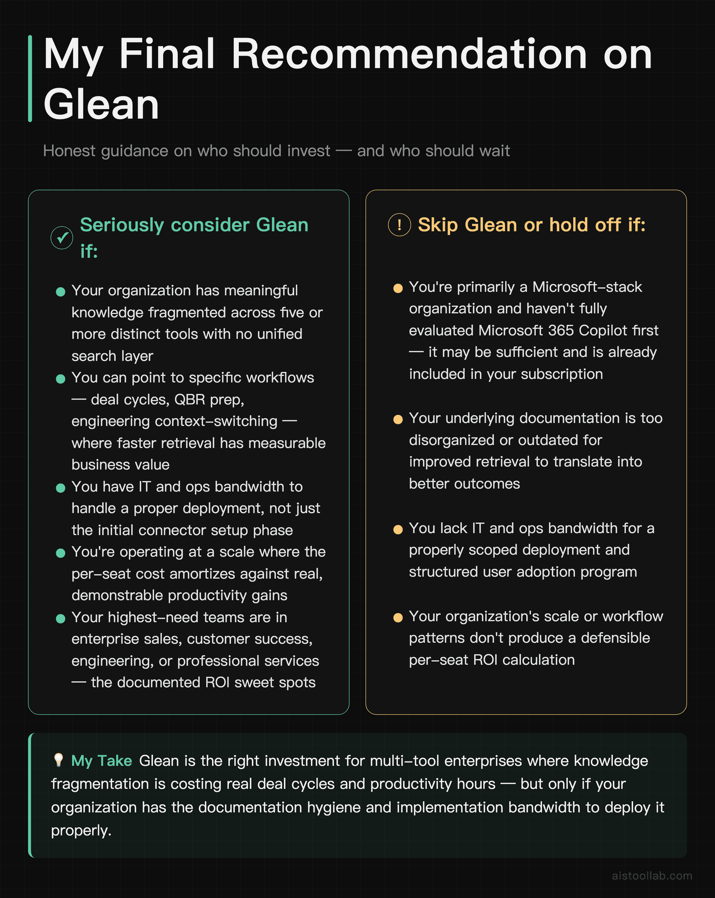 Final verdict on Glean AI search: specific organizational criteria for who should invest versus who should wait or choose Microsoft 365 Copi