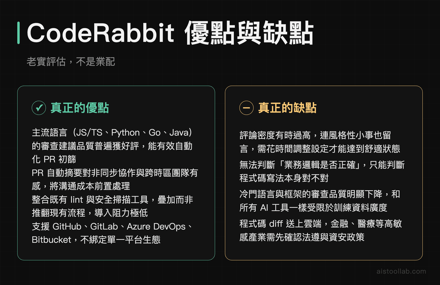 CodeRabbit 2026 優缺點分析：自動化初篩、多平台支援 vs 評論密度高、法遵疑慮