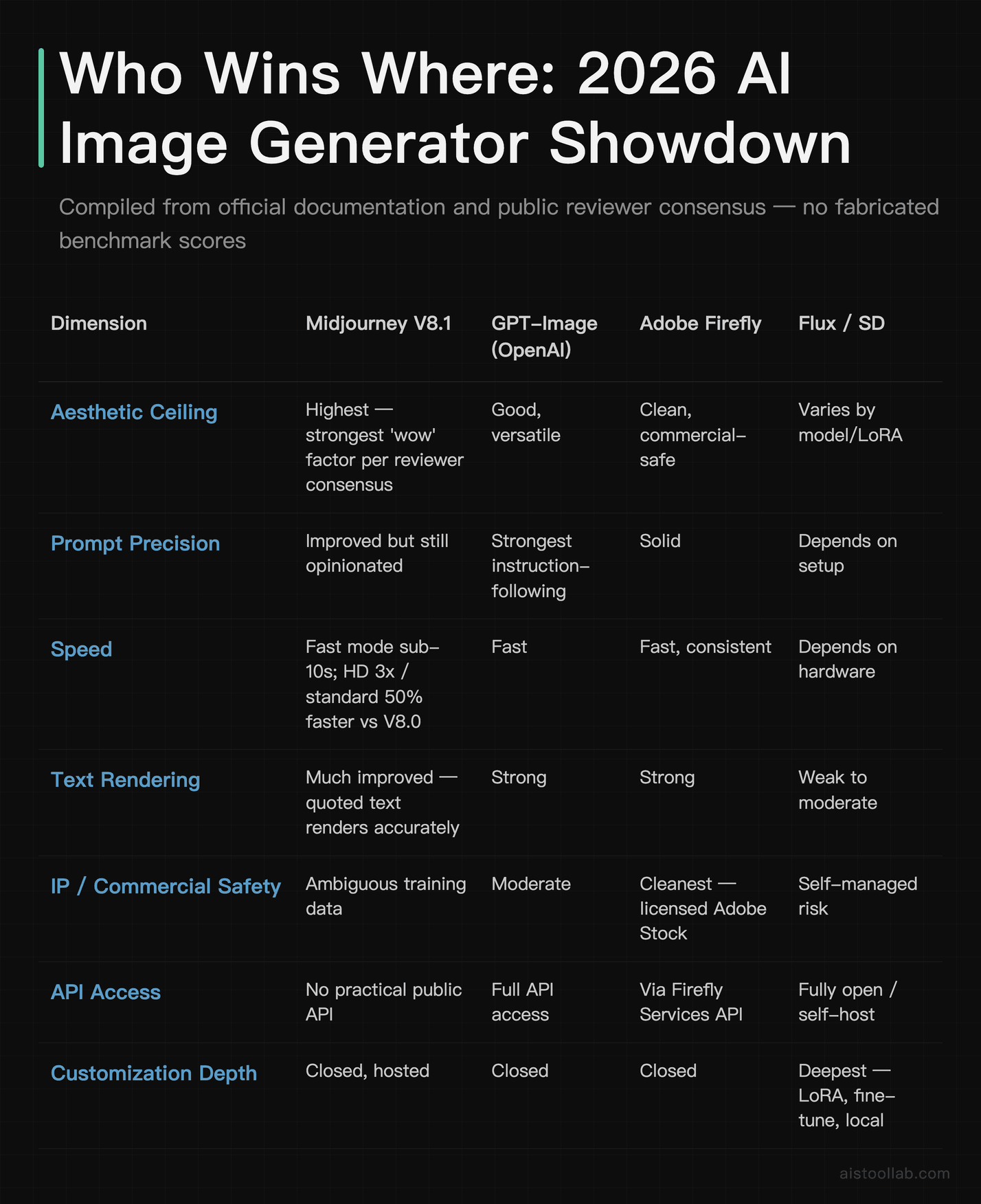 Who Wins Where: 2026 AI Image Generator Showdown — Compiled from official documentation and public reviewer consensus — no fabricated benchm