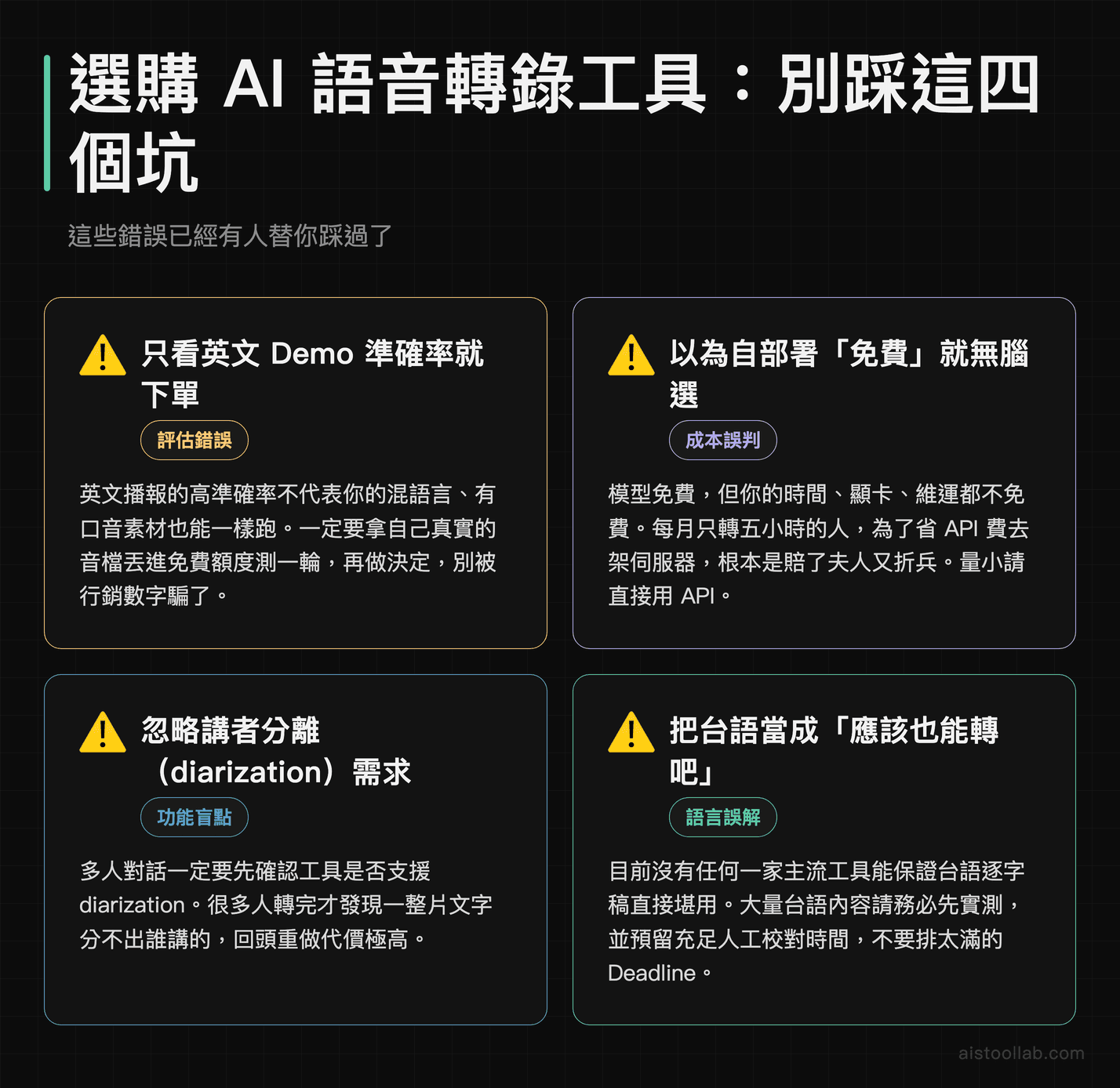 AI 語音轉錄工具選購四大常見錯誤：英文 Demo 誤判、自部署成本誤解、忽略講者分離、台語支援迷思