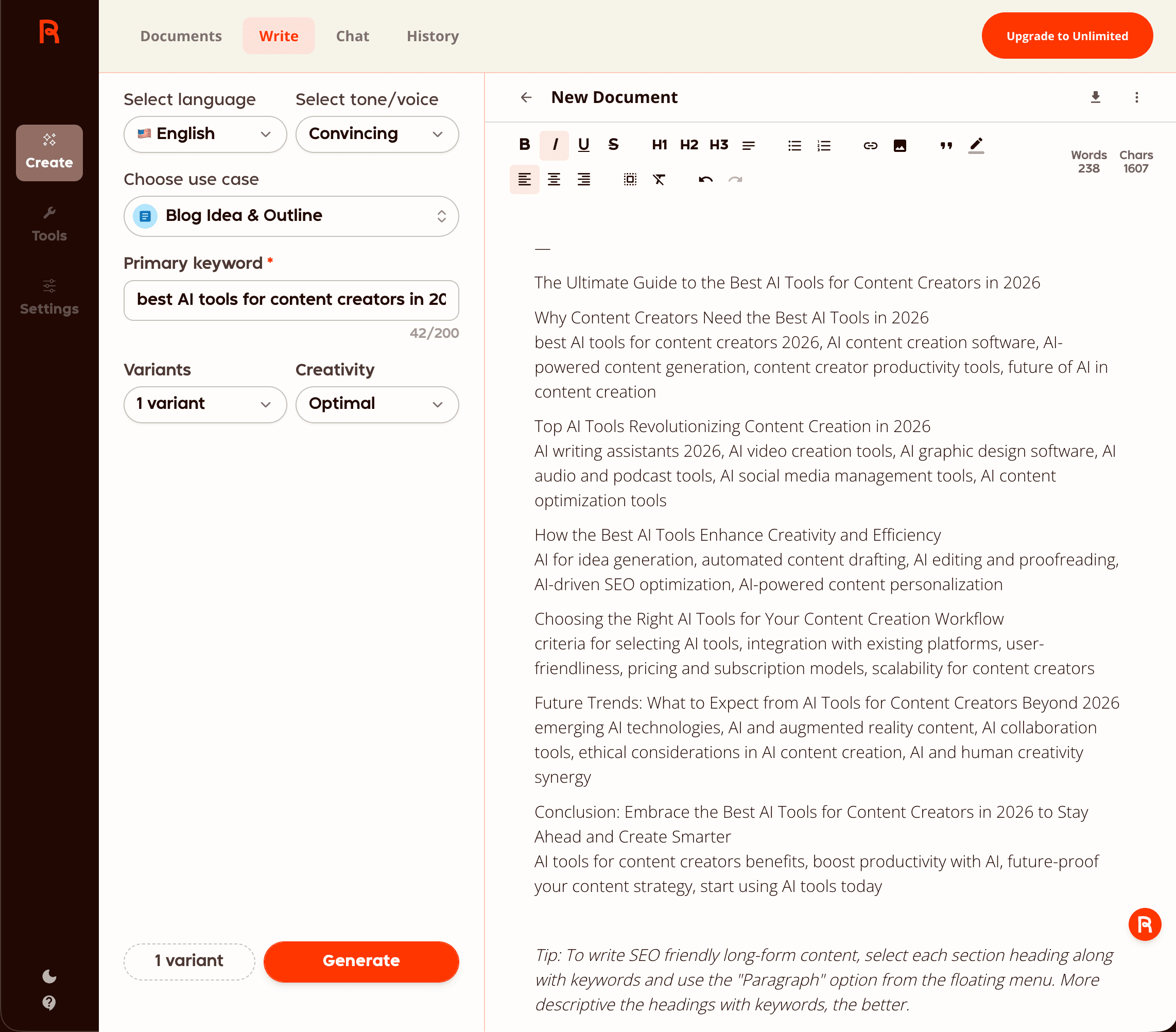 Rytr free plan Blog Idea & Outline generator: English + Convincing tone, keyword 'best AI tools for content creators in 2026', producing a full outline with title, six sections and per-section keywords