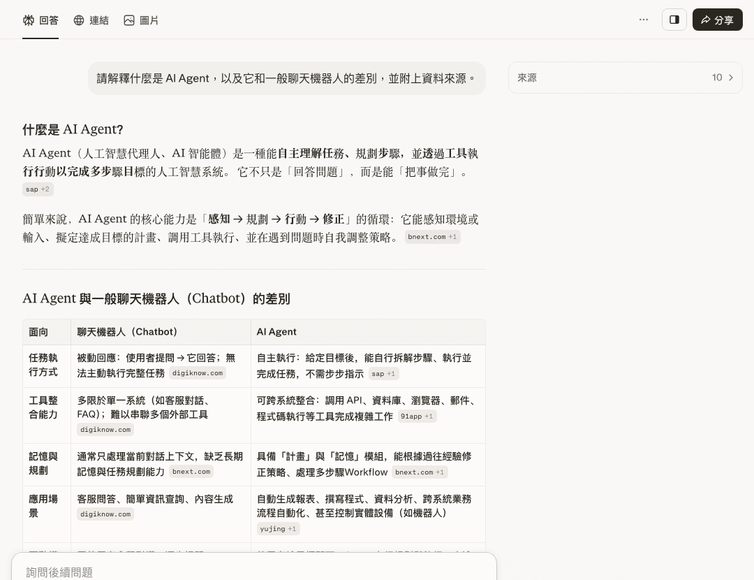 Perplexity 免費未登入實測：查詢 AI Agent 概念，回答整理差異並附來源標籤