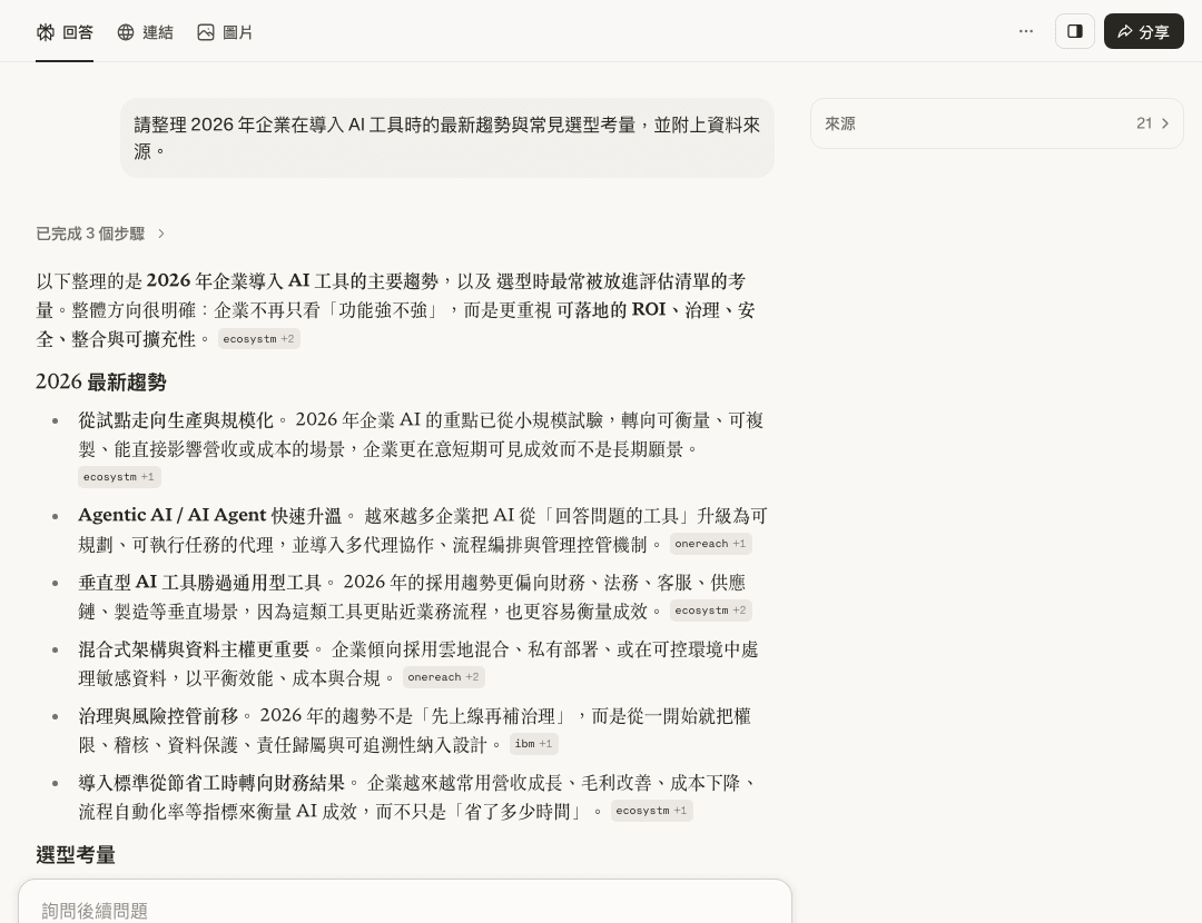 免費未登入的 AI 搜尋查詢實際畫面：企業 AI 選型趨勢，回答整理重點並附來源標籤