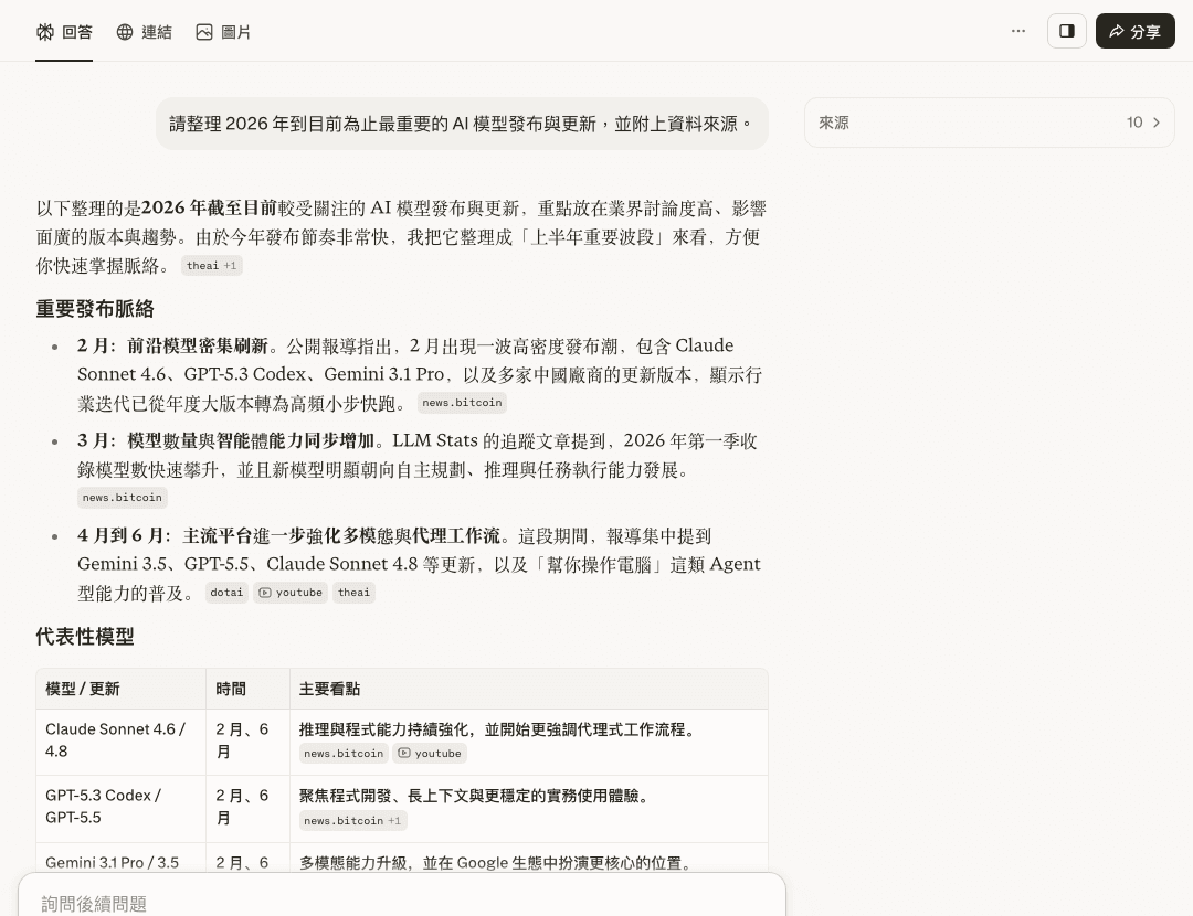 AI 搜尋工具免費未登入畫面：整理 2026 年 AI 模型發展，回答多處附來源標籤與來源面板