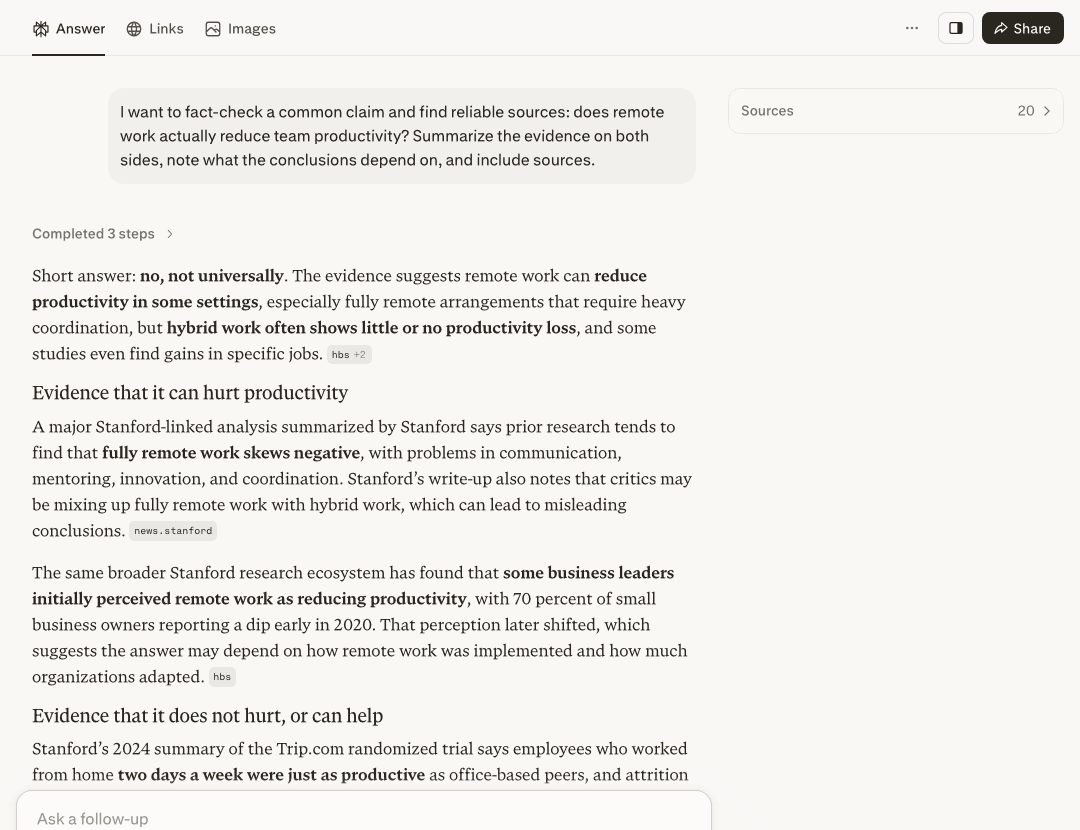 Perplexity free, not logged in: a fact-checking query on whether remote work reduces productivity, returning both sides of the evidence with source labels