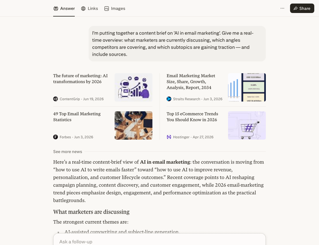 Perplexity free, not logged in: a marketing content-brief research query returning a real-time overview with dated source cards from named publishers above the answer