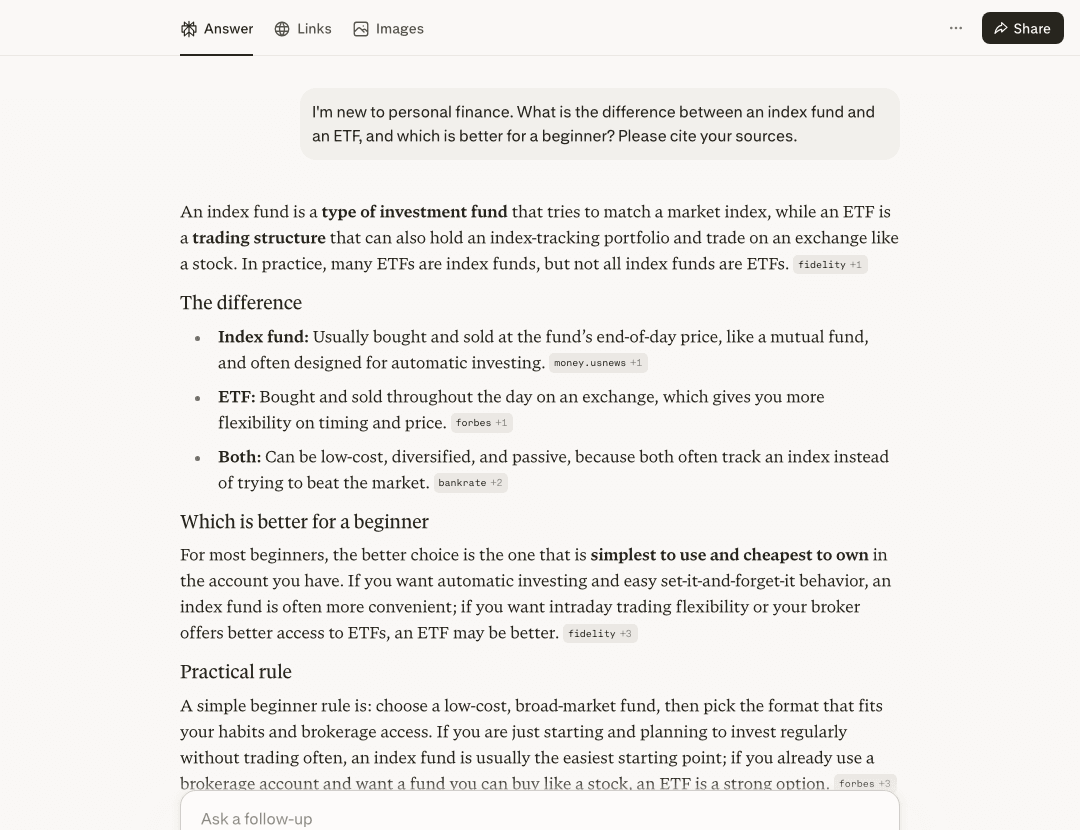 Perplexity free no-login hands-on: a beginner question answered as a plain-language summary with source labels