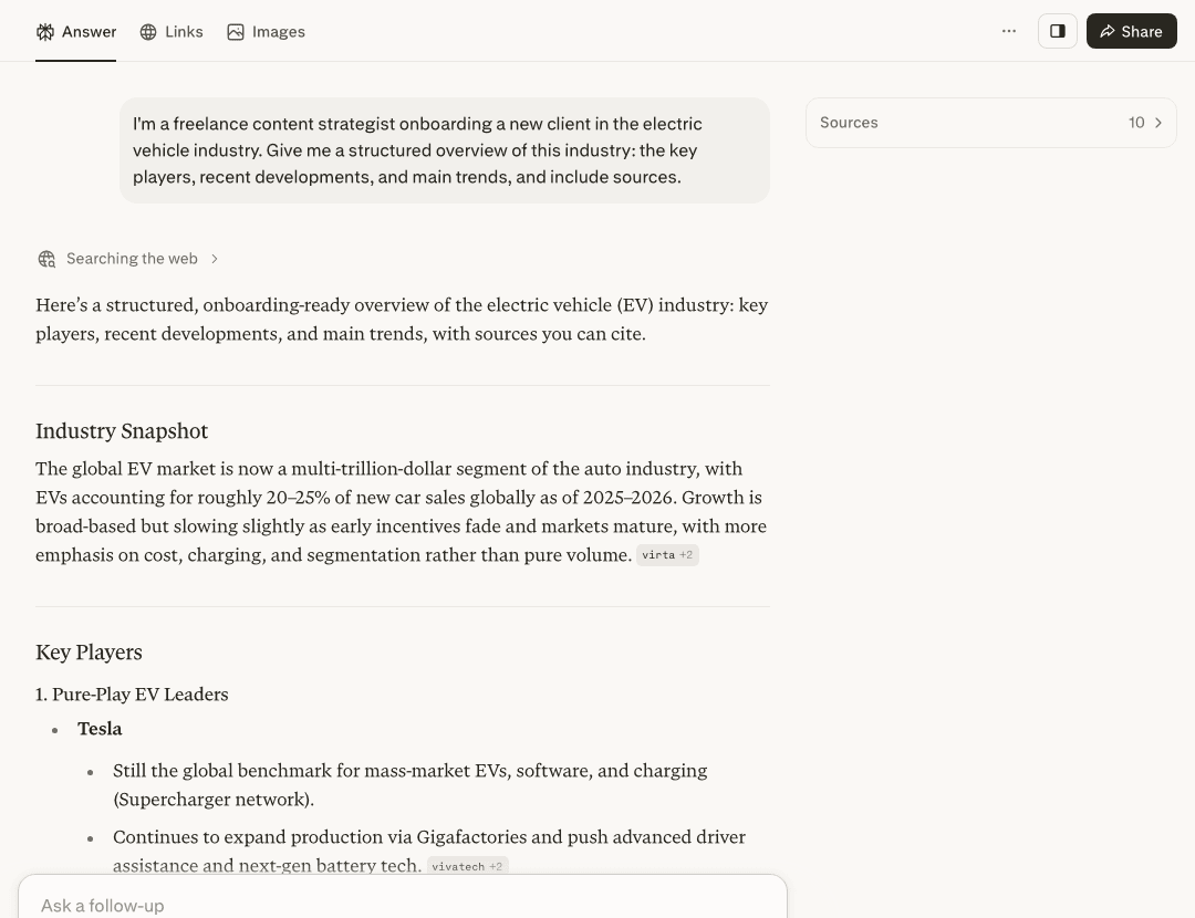 Perplexity free, not logged in: a freelancer topic-mapping query returning a structured industry overview with source labels next to key points