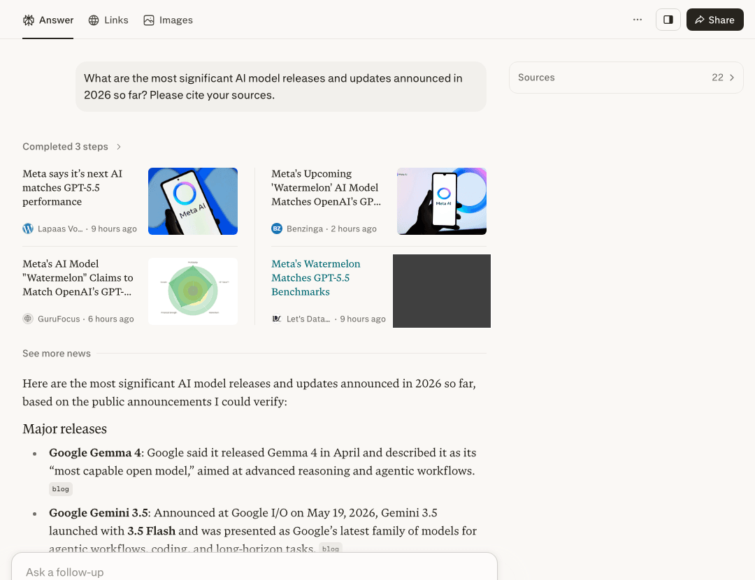 Perplexity free no-login hands-on: a current-events question answered as a cited summary with a source label on each point