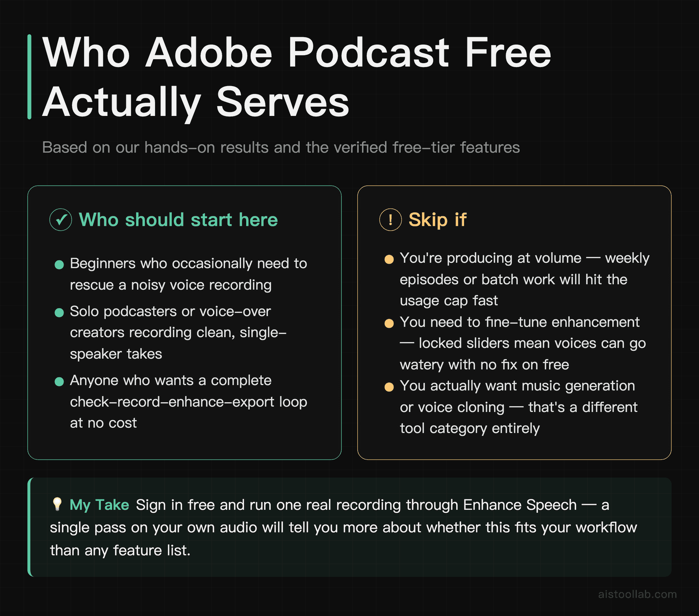 Verdict on who Adobe Podcast's free tier actually serves and who should look for a different tool or plan