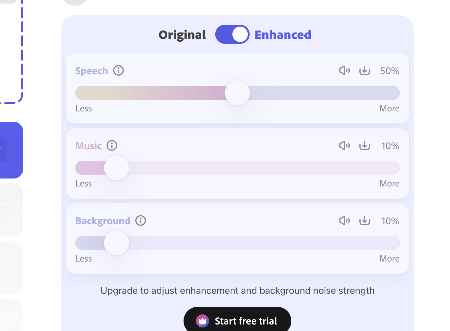 The strength sliders for speech, music and background, shown but greyed out with a prompt that adjusting them requires an upgrade