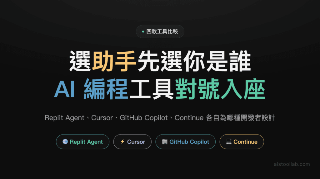 2026年AI編程助手完整對比：Replit Agent vs Cursor vs GitHub Copilot vs Continue，不同開發者該選誰？ 封面