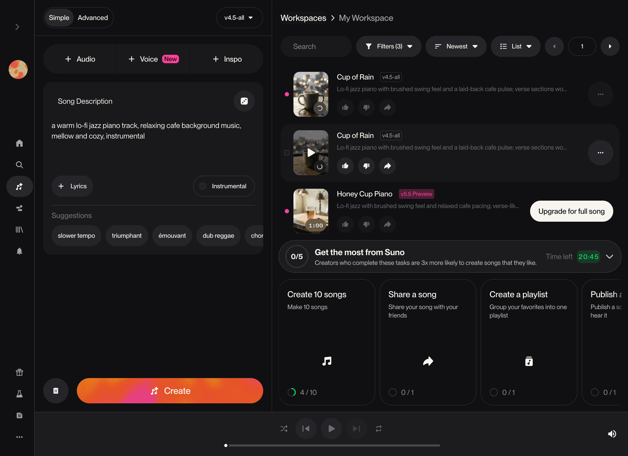 登入免費方案後的 AI 音樂生成工具實測畫面:左側輸入一句歌曲描述,右側幾十秒內生成多首帶自動命名、封面與風格說明的歌曲