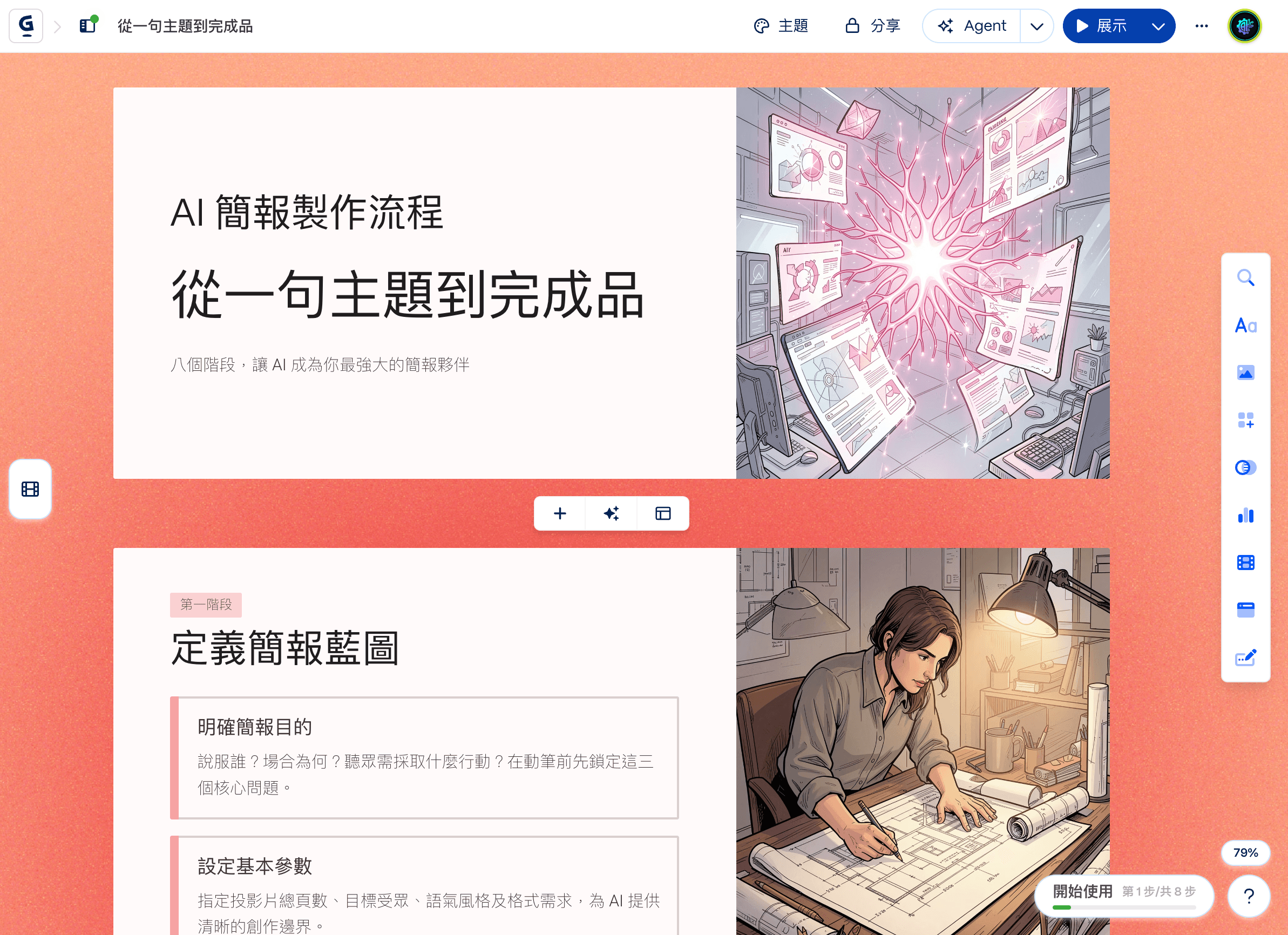 登入免費方案後的 AI 簡報生成工具實測畫面:只輸入一句主題,幾秒生成含標題頁、內容卡片與自動配圖的多頁簡報