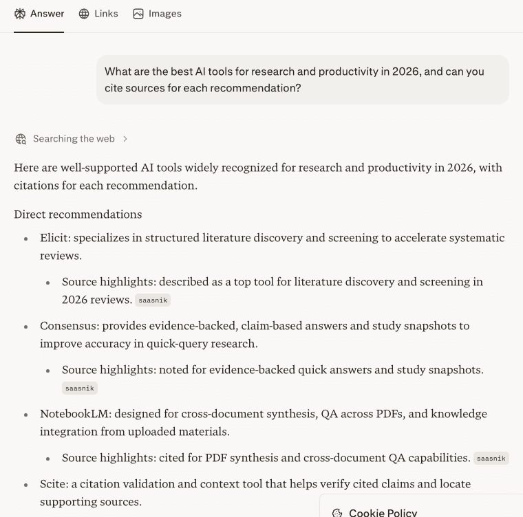 Free-tier, no-login hands-on screenshot of an AI answer engine: a research-style question answered with a short verdict then structured points, each tagged with a source domain