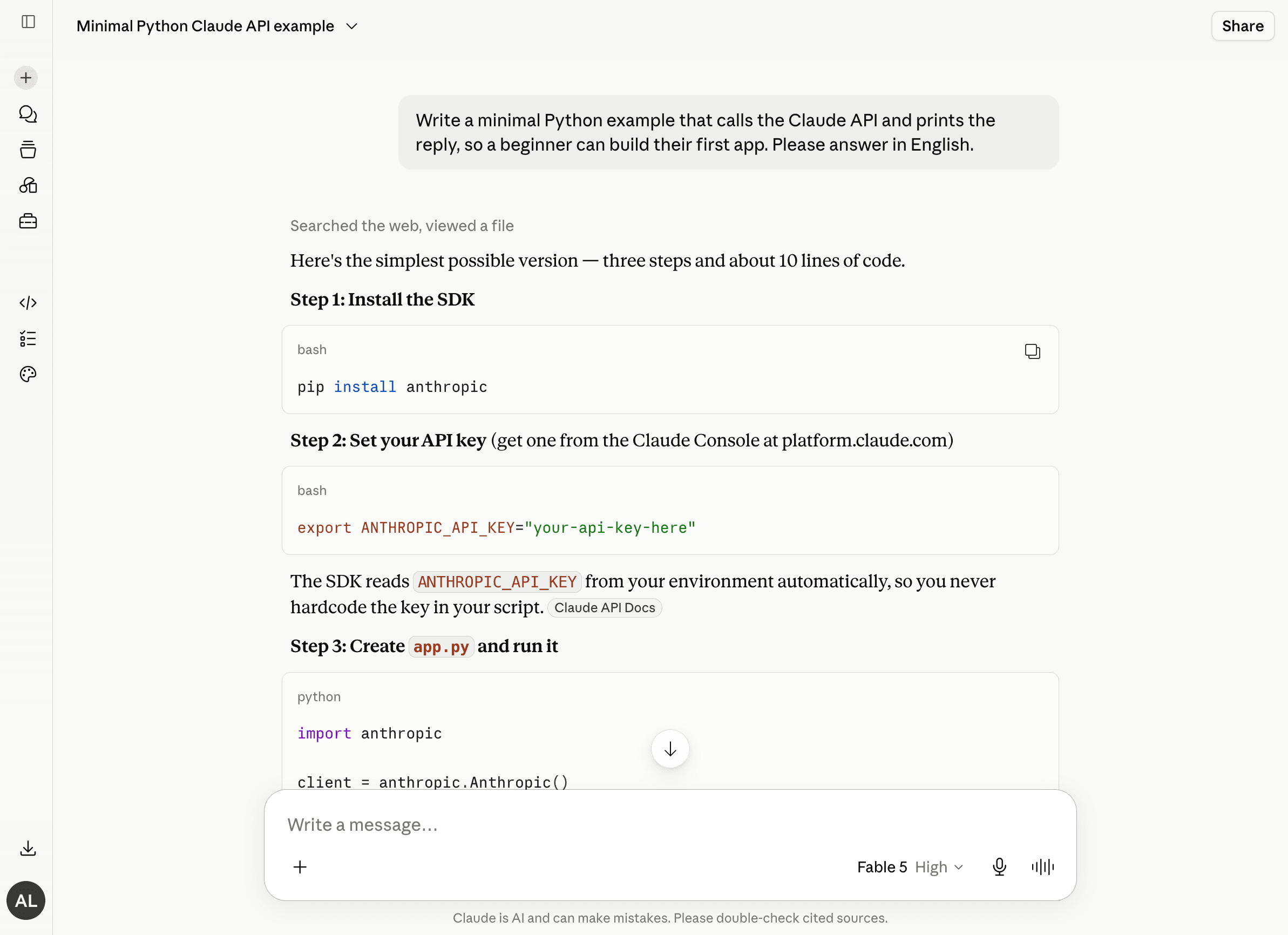 Logged-in hands-on screenshot of an AI assistant: asked for the simplest Python example to call the API, answer gives install, key setup, and code in a few steps