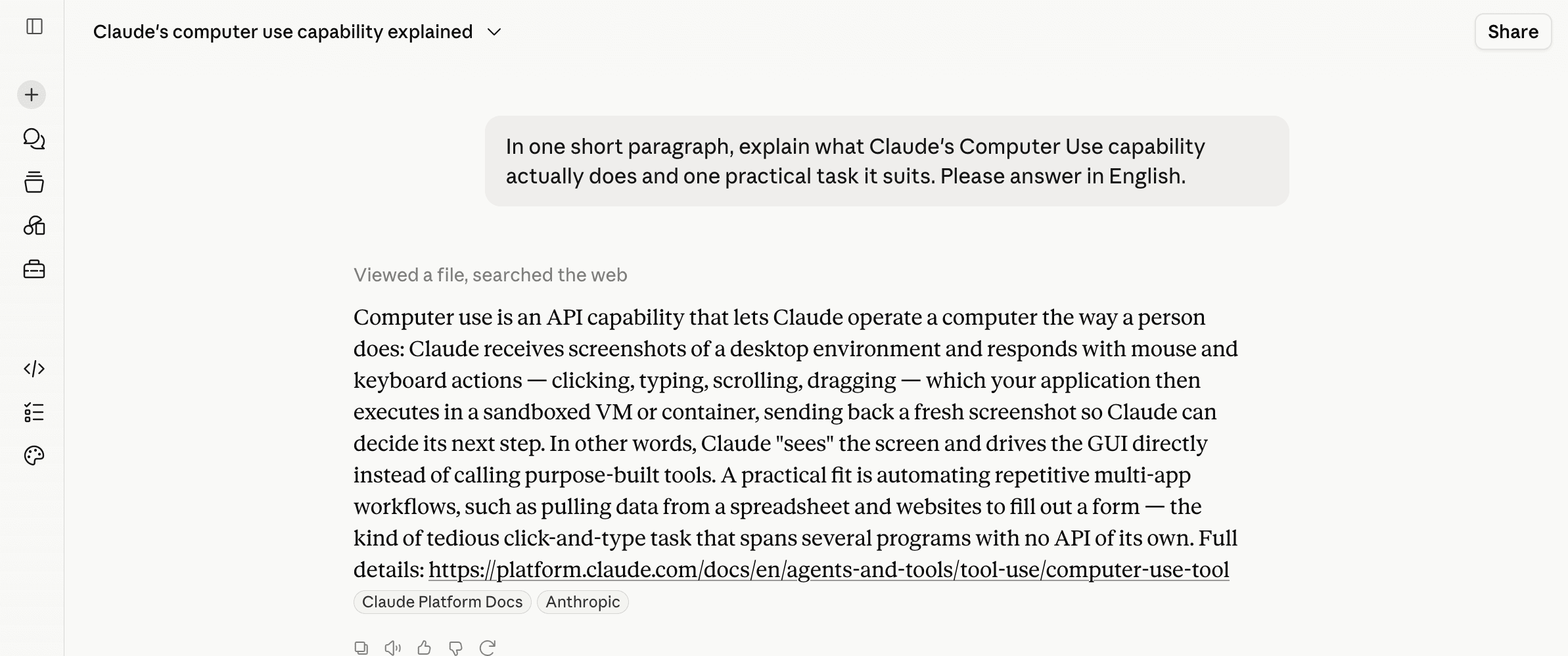 Logged-in hands-on screenshot of an AI assistant: asked what Computer Use actually does, answer explains screenshot plus mouse and keyboard control with a practical task