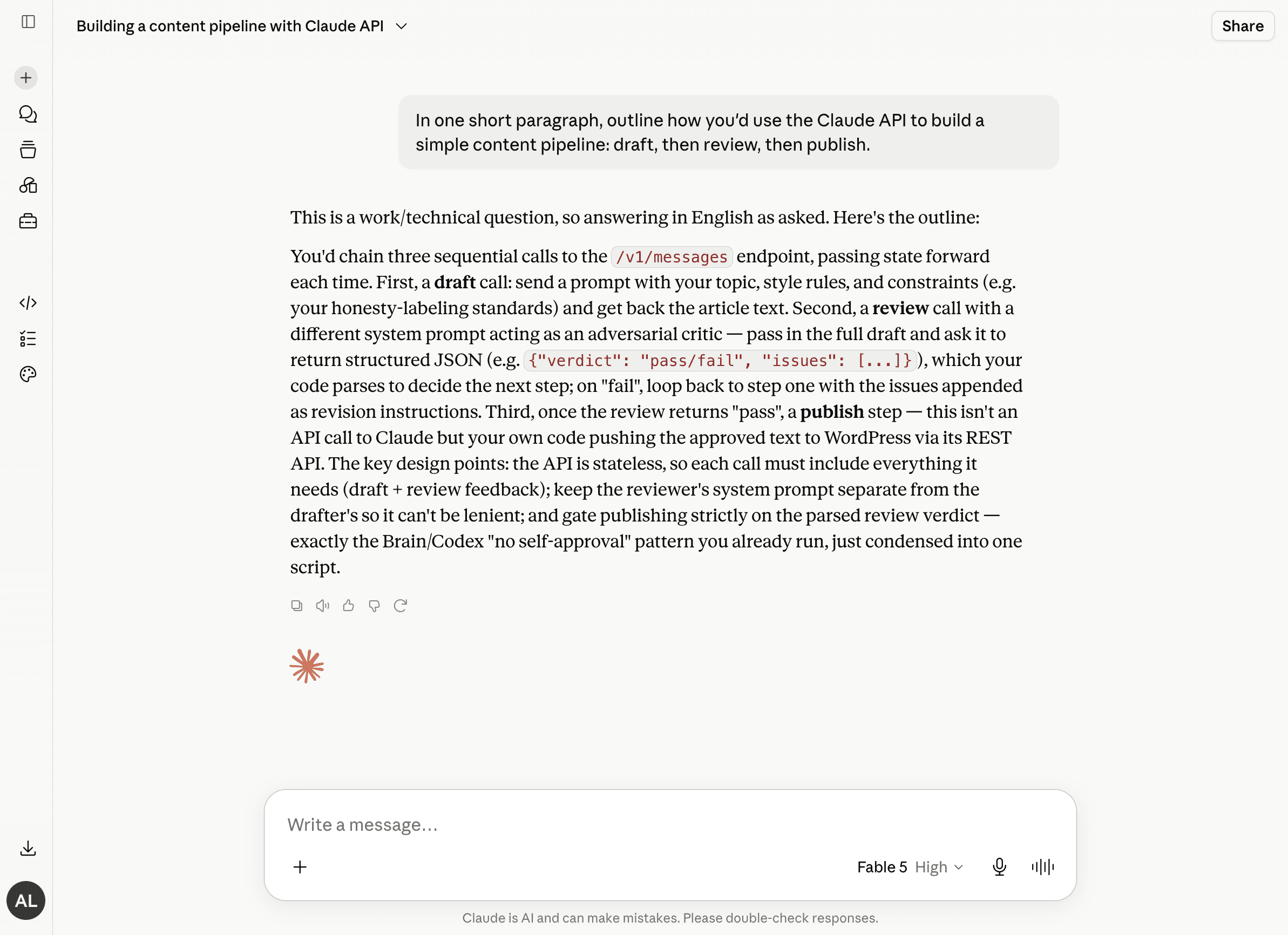 Logged-in hands-on screenshot of an AI assistant: asked to outline a simple draft-review-publish content pipeline, answer describes chained steps