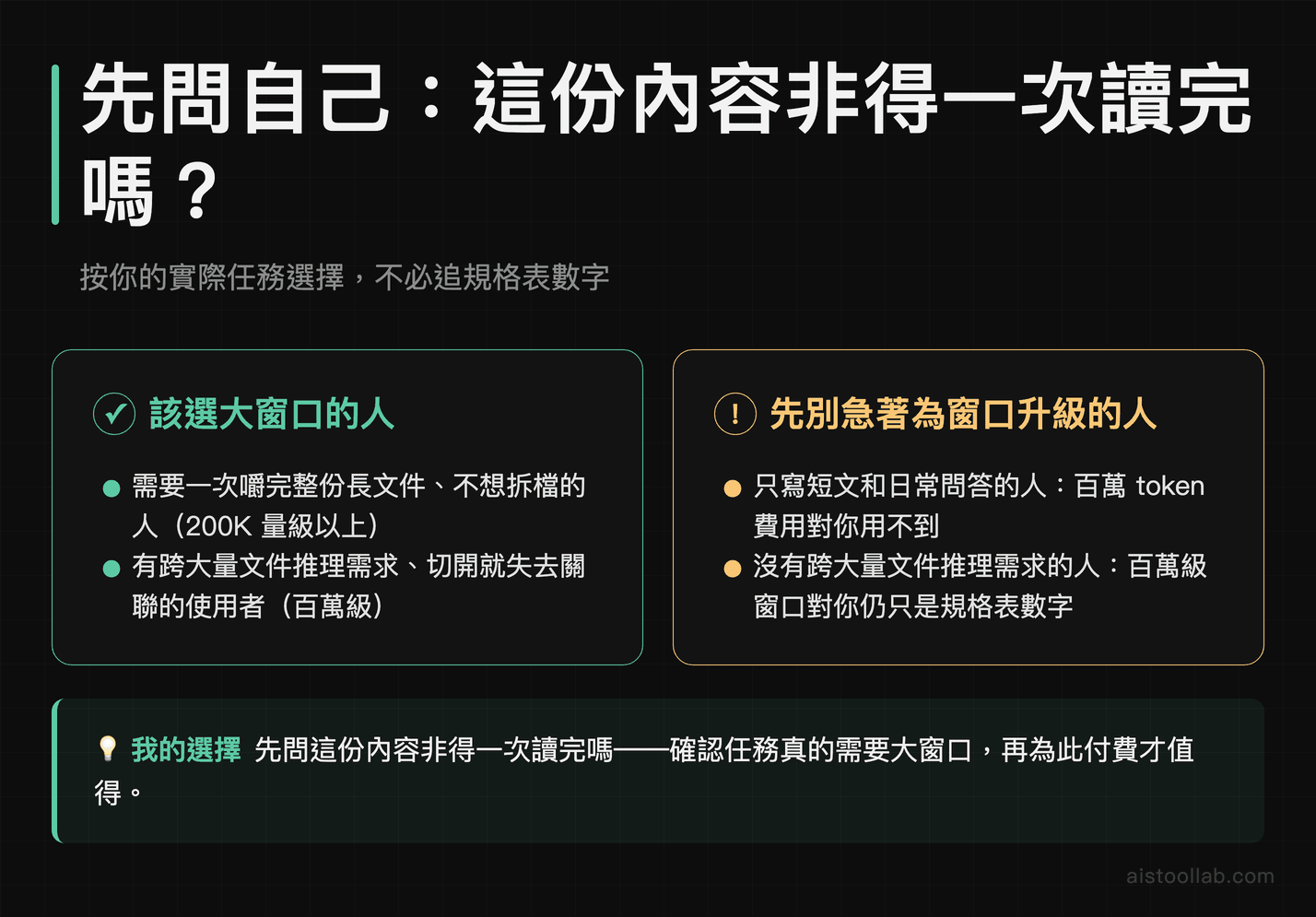 依使用者任務類型判斷是否需要大上下文窗口的選擇結論