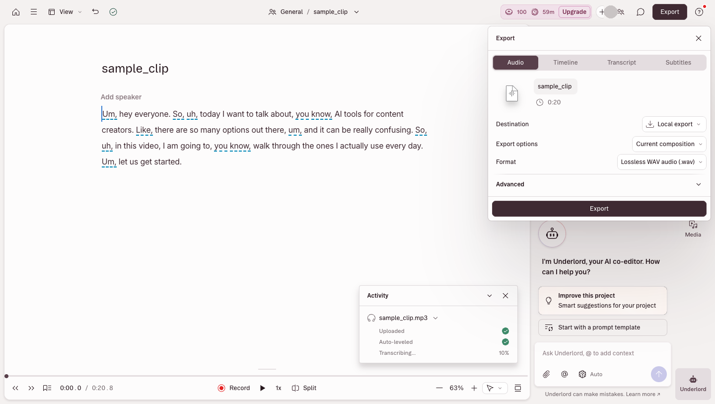 An export dialog with Audio, Timeline, Transcript and Subtitles tabs, audio up to Lossless WAV