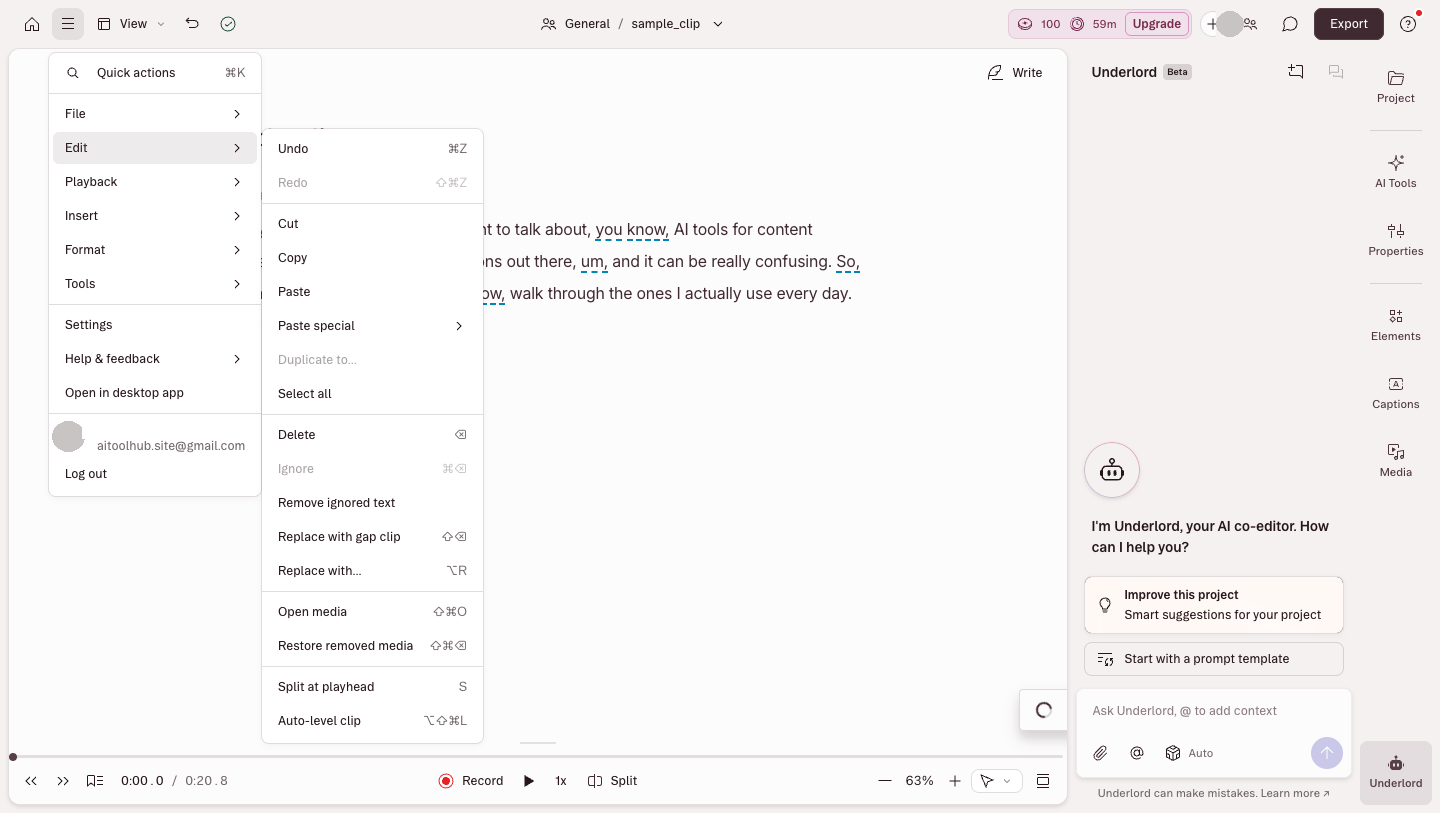 The Edit menu showing Cut, Copy, Delete, Ignore and Split — editing audio by editing text