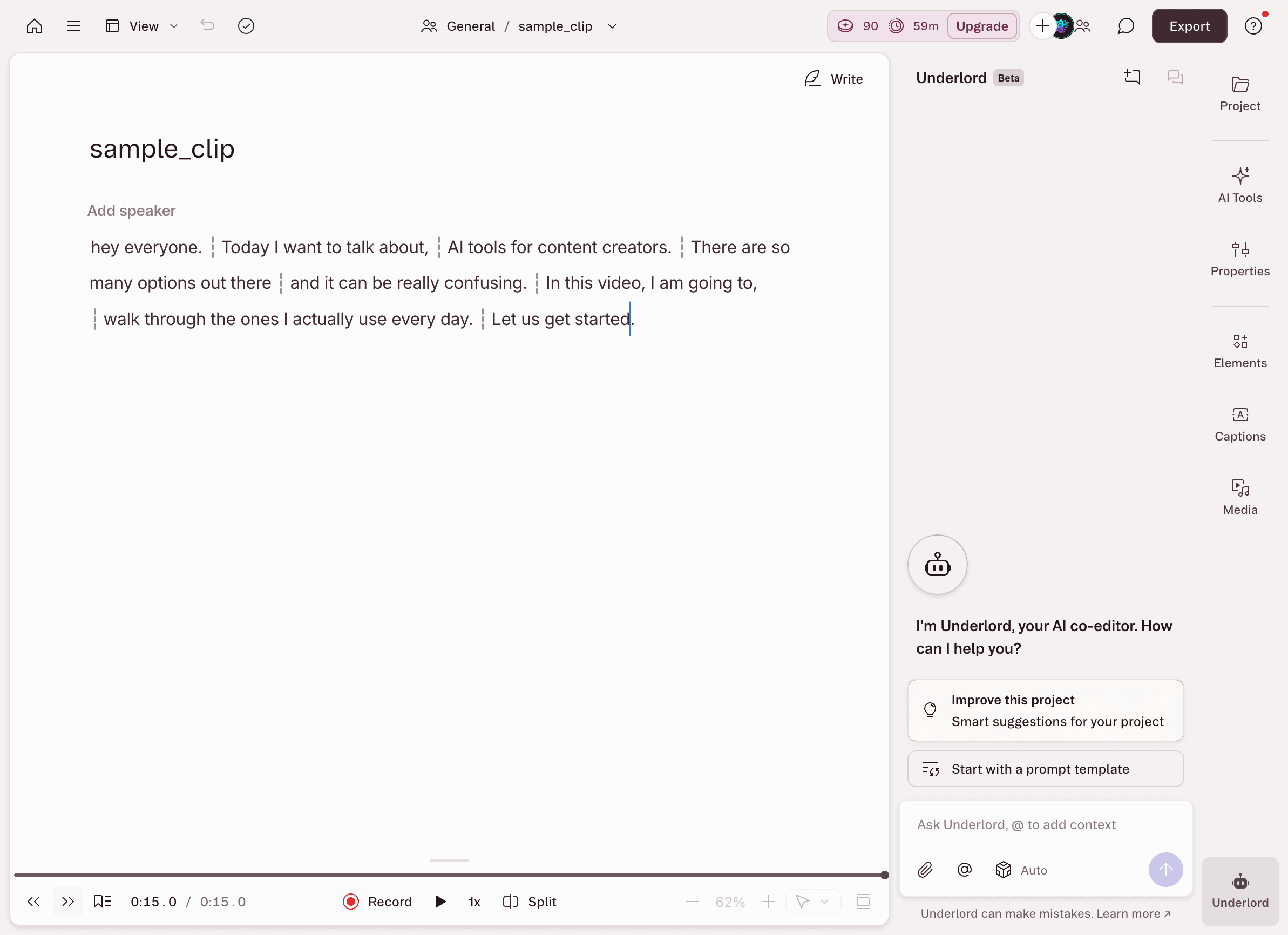 Logged-in hands-on screenshot of an AI video editor: the clip appears as an editable transcript, so deleting words in the text removes the matching part of the video