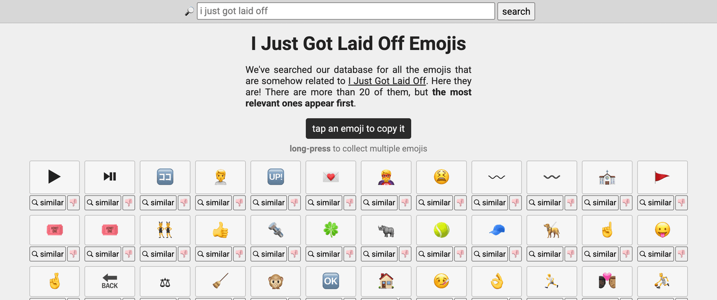 Emoji search results for I just got laid off, showing play, pause and up icons near the top