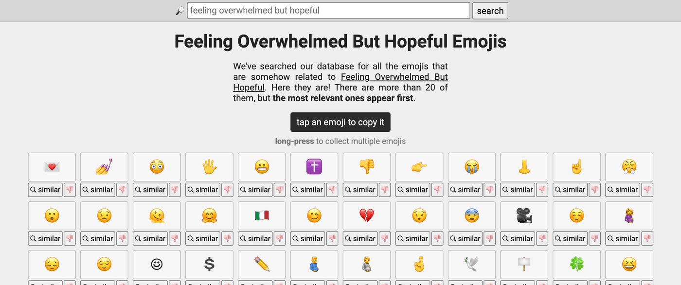 Emoji search results for feeling overwhelmed but hopeful, mixing anxious faces with an Italian flag and a nose emoji