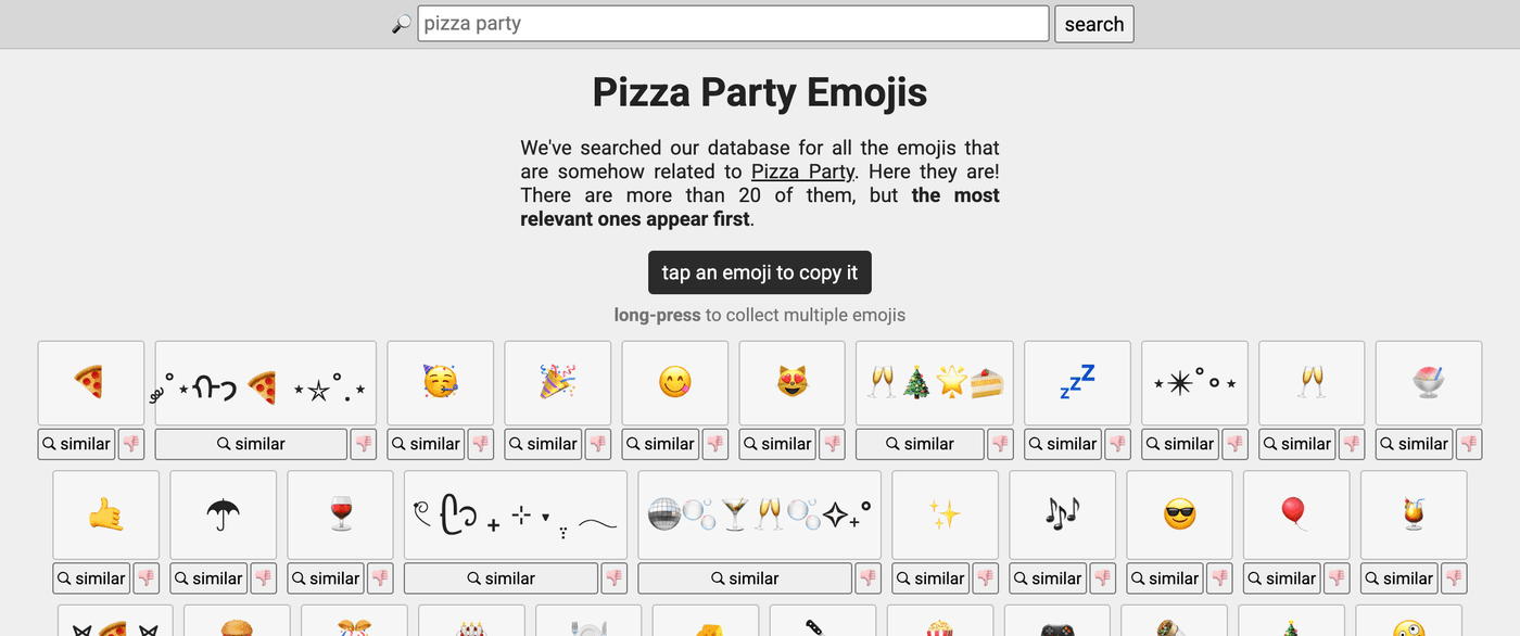 Emoji search results for pizza party, showing pizza leading with party popper and celebration emoji near the top