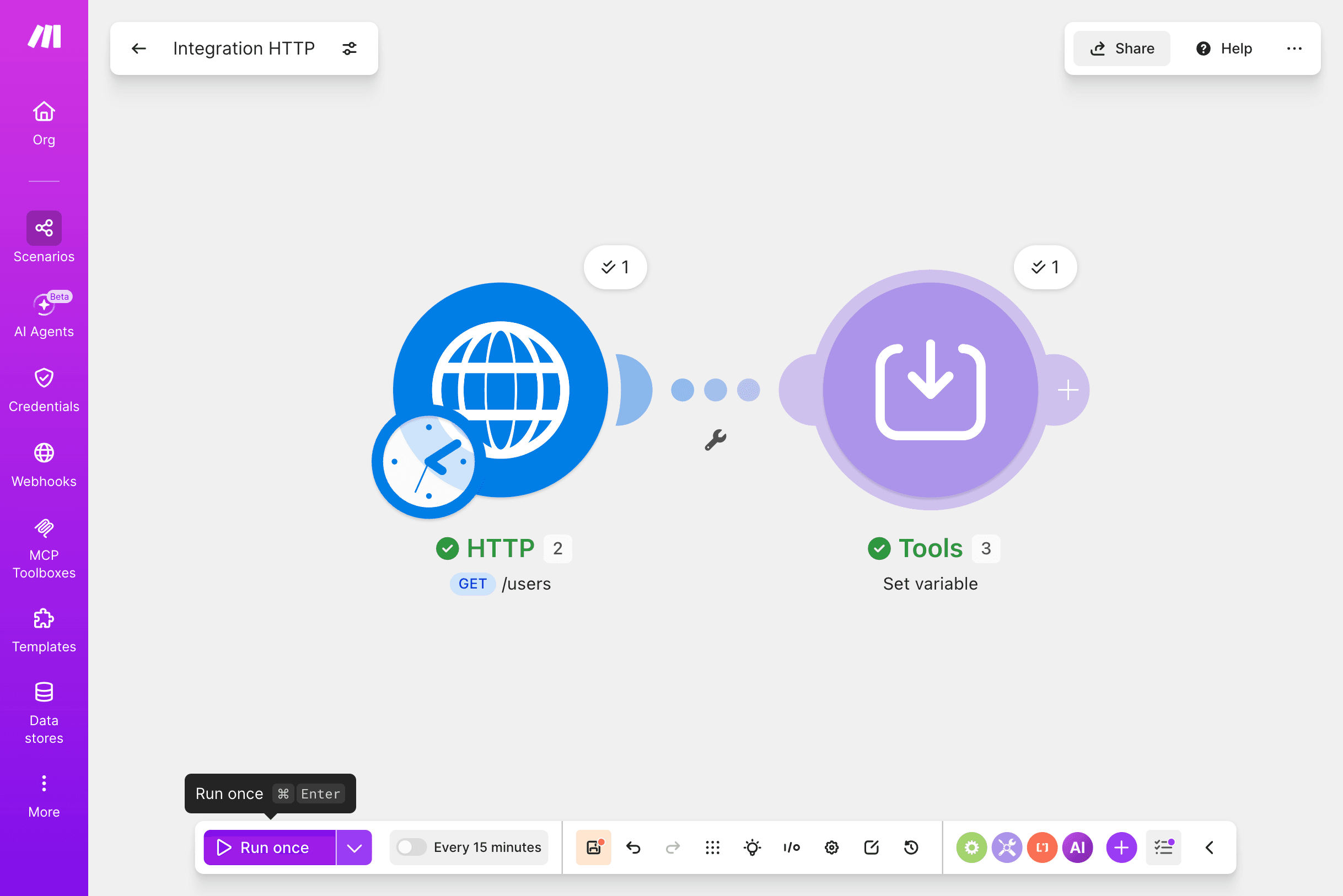 A two-module automation flow after execution, with both modules showing green checkmarks