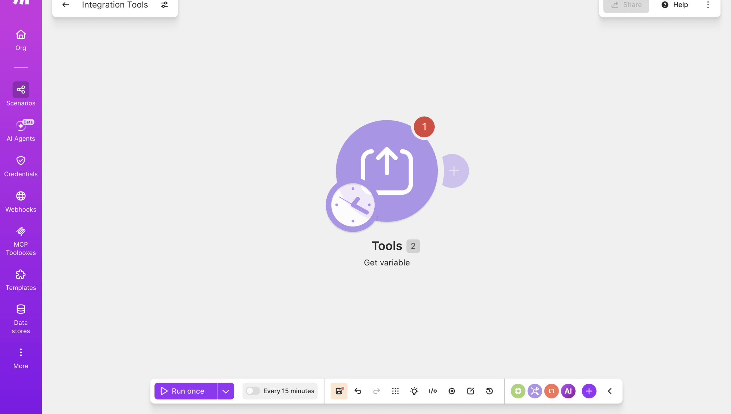 Make 實測截圖:視覺化圓形模組畫布上放了一個 Tools 模組