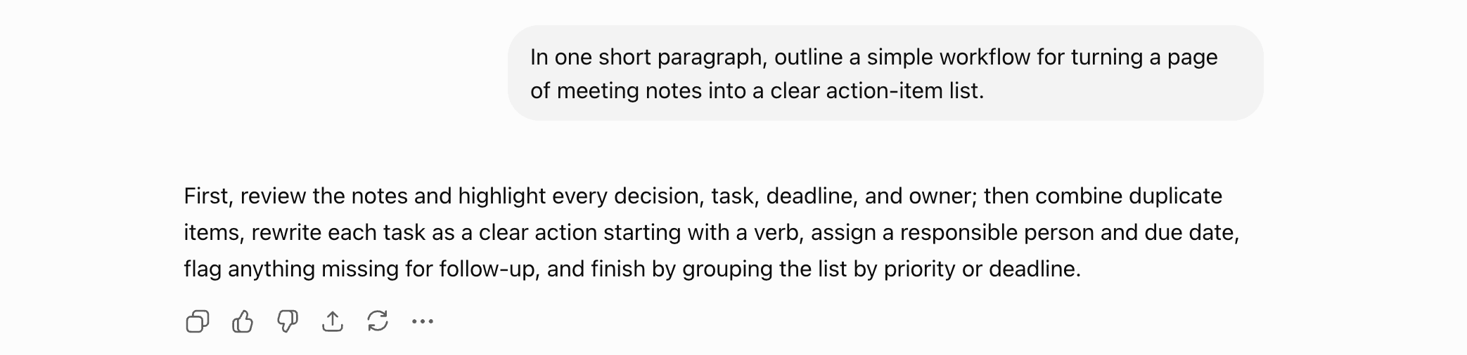 Logged-in hands-on screenshot of a general AI chat assistant: asked to turn a page of meeting notes into an action-item list, answer given as a step-by-step workflow