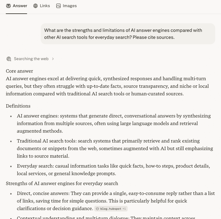 Free-tier, no-login hands-on screenshot of an AI answer engine: a research-style question answered with a short verdict then structured points, each tagged with a source domain