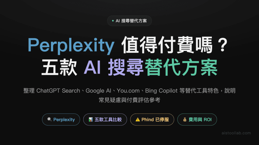 Perplexity 替代方案 2026：5 款 AI 搜尋工具比較整理（Phind 已於 2026 年 1 月停服） 封面