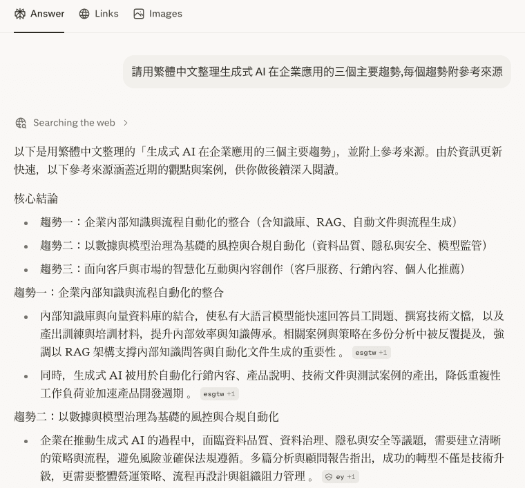 免費未登入 AI 搜尋實測畫面:整理生成式 AI 企業應用三大趨勢,回答分知識流程自動化、數據模型治理、客戶互動內容創作三段並標來源網域