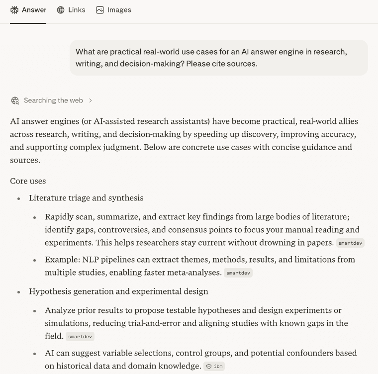 Free-tier, no-login hands-on screenshot of an AI answer engine: a research-style question answered with a short verdict then structured points, each tagged with a source domain