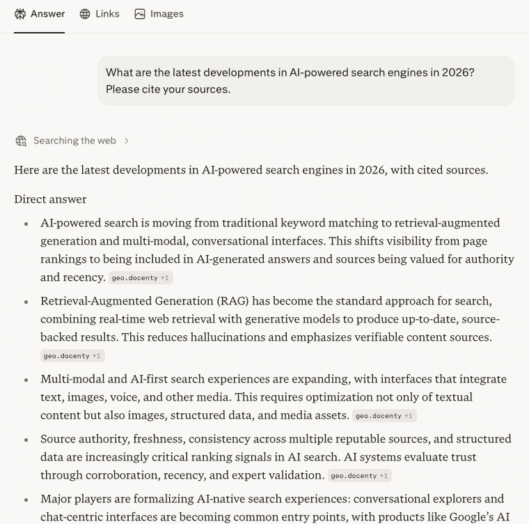 Free-tier, no-login hands-on screenshot of an AI answer engine: a research-style question answered with a short verdict then structured points, each tagged with a source domain