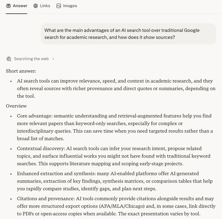 Free-tier, no-login hands-on screenshot of an AI answer engine: a research-style question answered with a short verdict then structured points, each tagged with a source domain