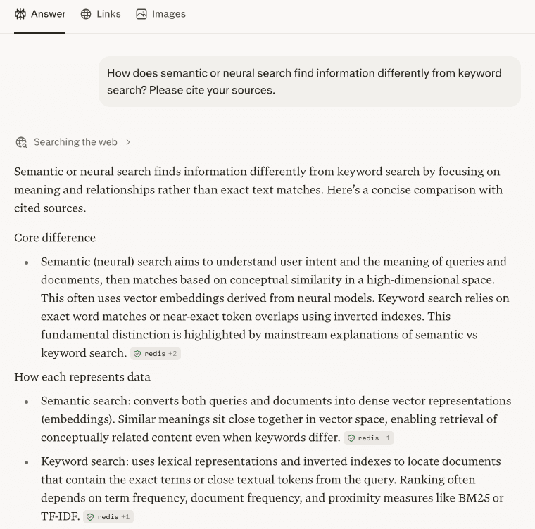 Free-tier, no-login hands-on screenshot of an AI answer engine: a research-style question answered with a short verdict then structured points, each tagged with a source domain
