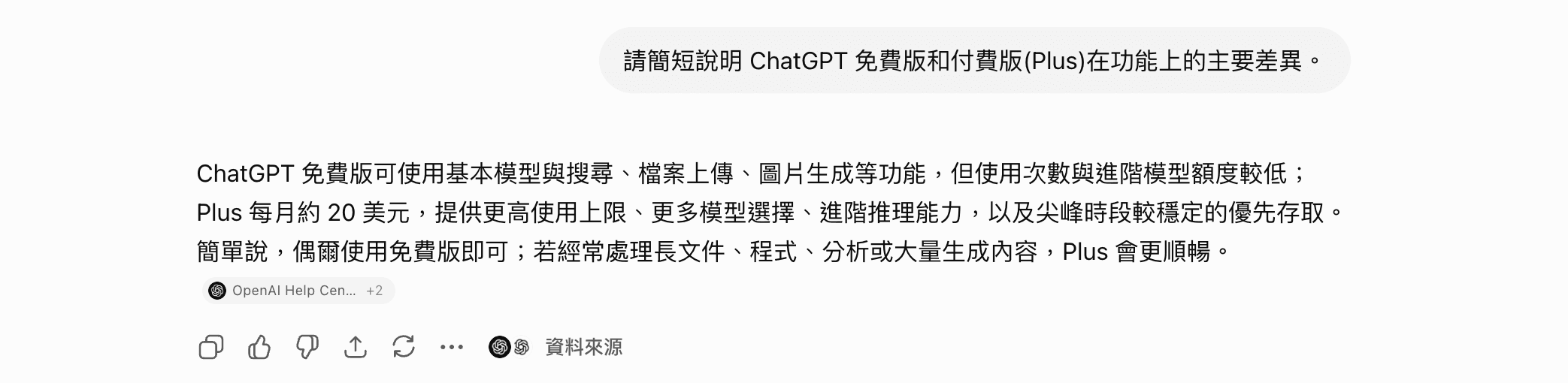 登入付費帳號的 AI 聊天助理實測畫面:詢問免費版與付費版功能差異,回答對比兩者上限與功能