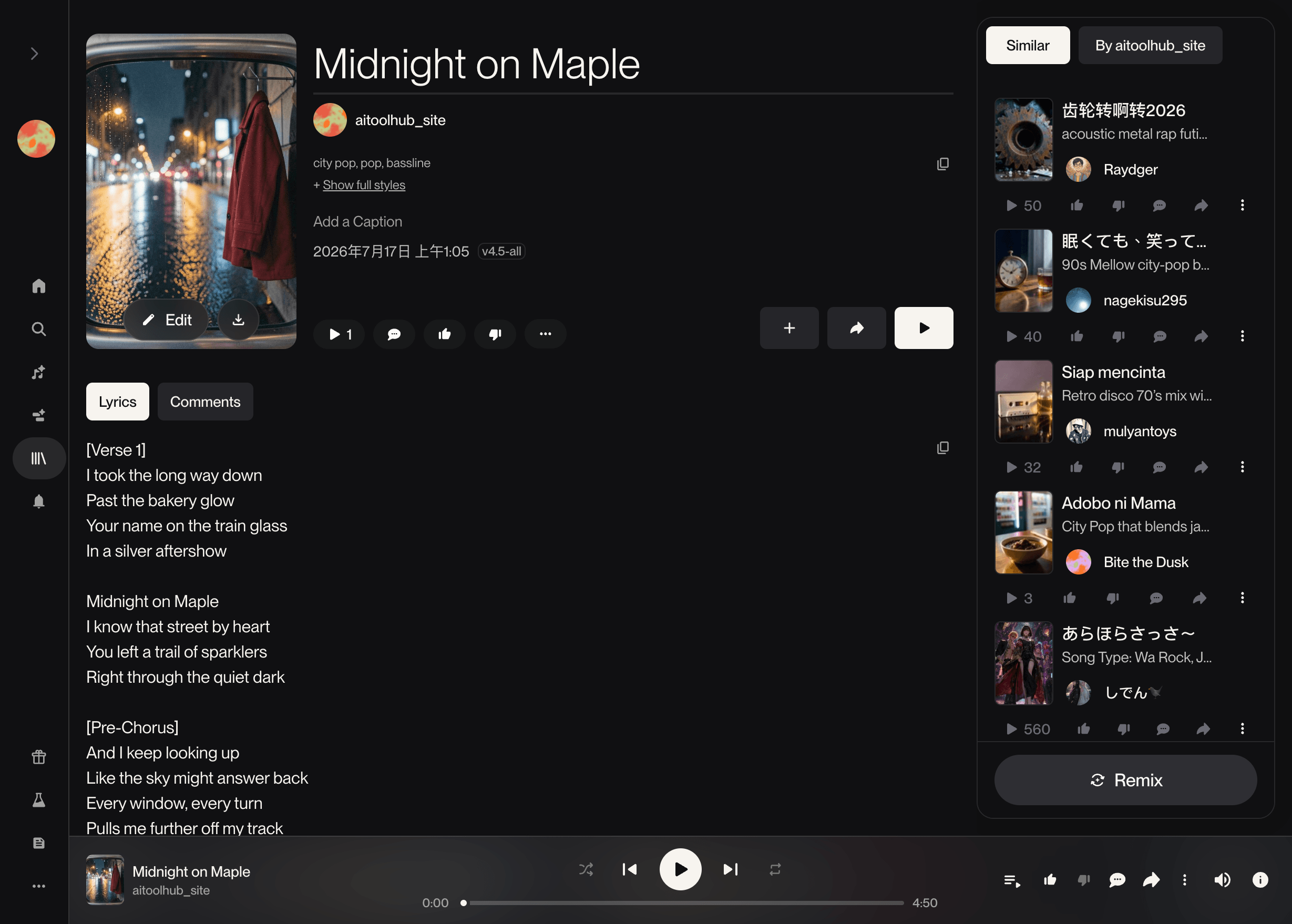 Suno song page for Midnight on Maple, 4:50, city pop, v4.5-all, with AI-written lyrics