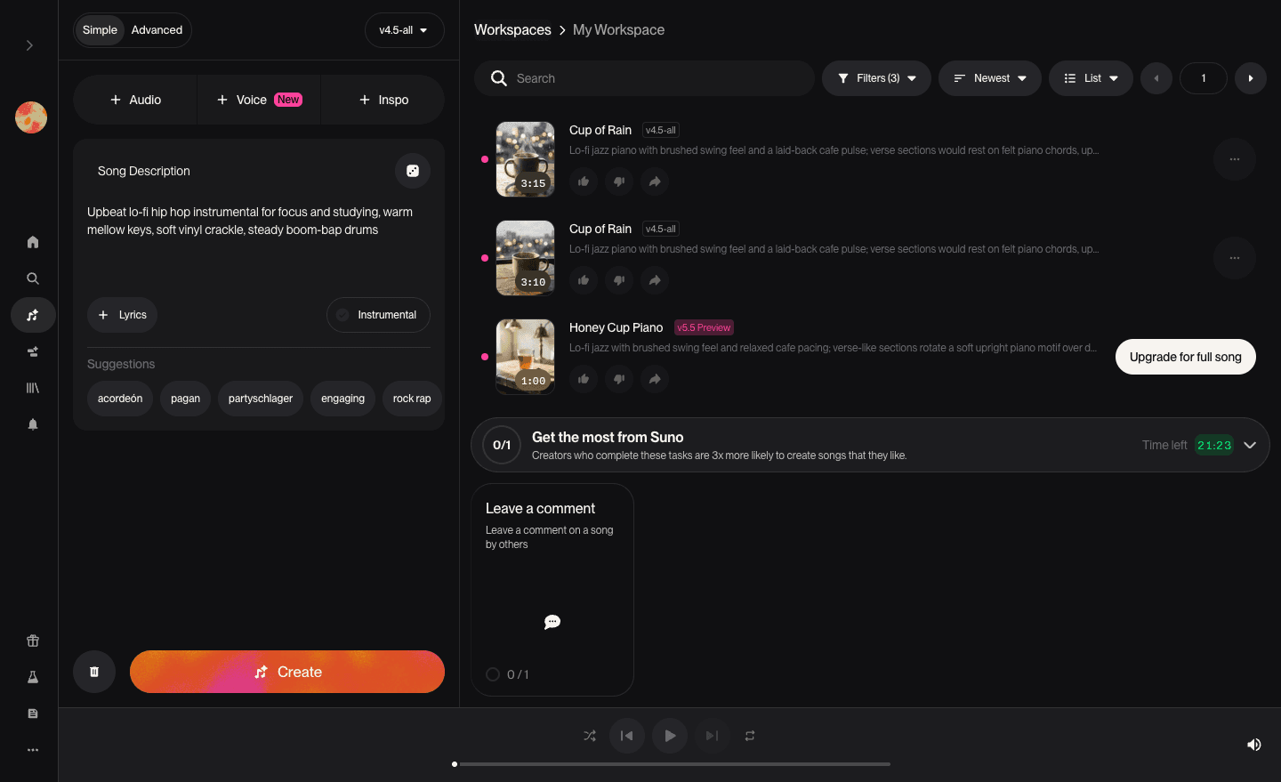 Suno workspace showing a v5.5 Preview track at 1:00 with an Upgrade for full song button