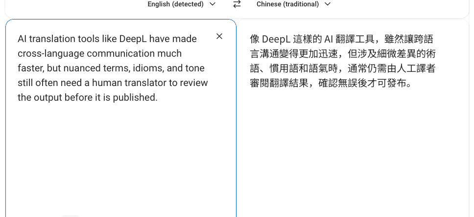 免費未登入的 AI 翻譯工具實測畫面:把一句含術語、慣用語與語氣的英文句子翻成繁體中文,左原文右譯文對照