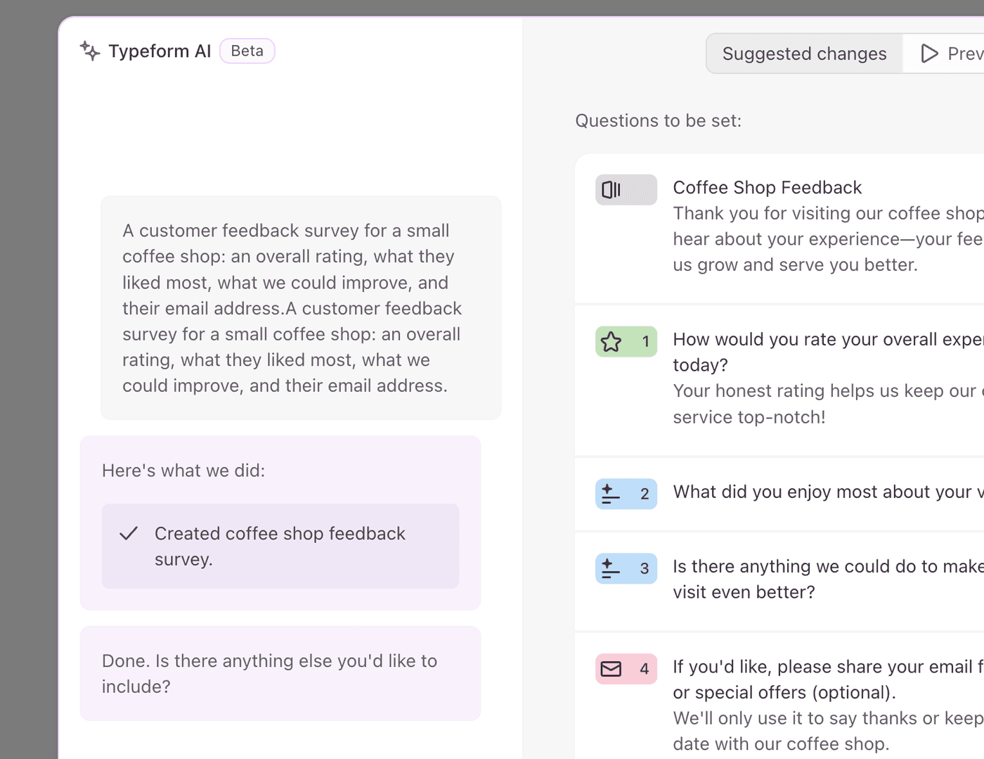 Typeform AI generated a coffee shop feedback form from one prompt: welcome screen, star rating, two open questions, and an optional email field